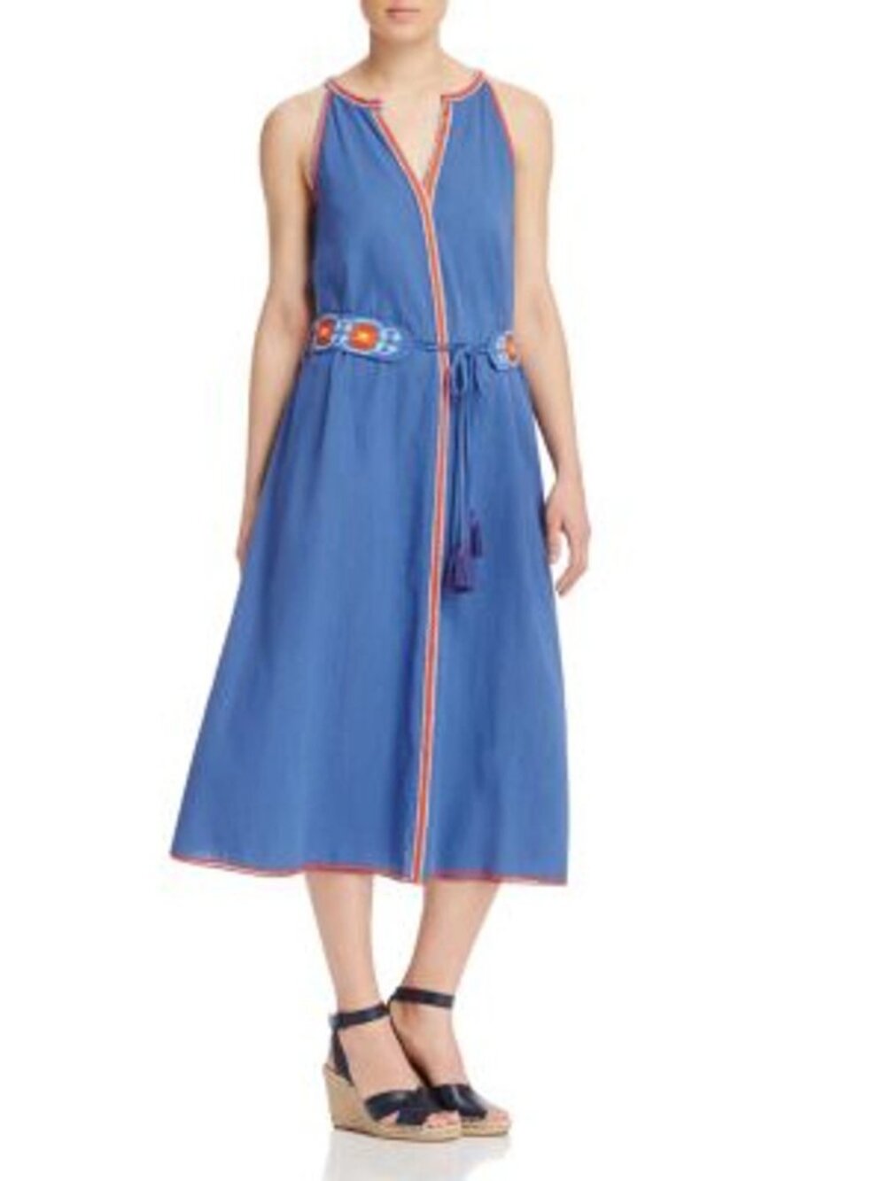Tory Burch Savannah Embroidered Crepon Dress 4 Hudson Blue - Picture 4 of 11